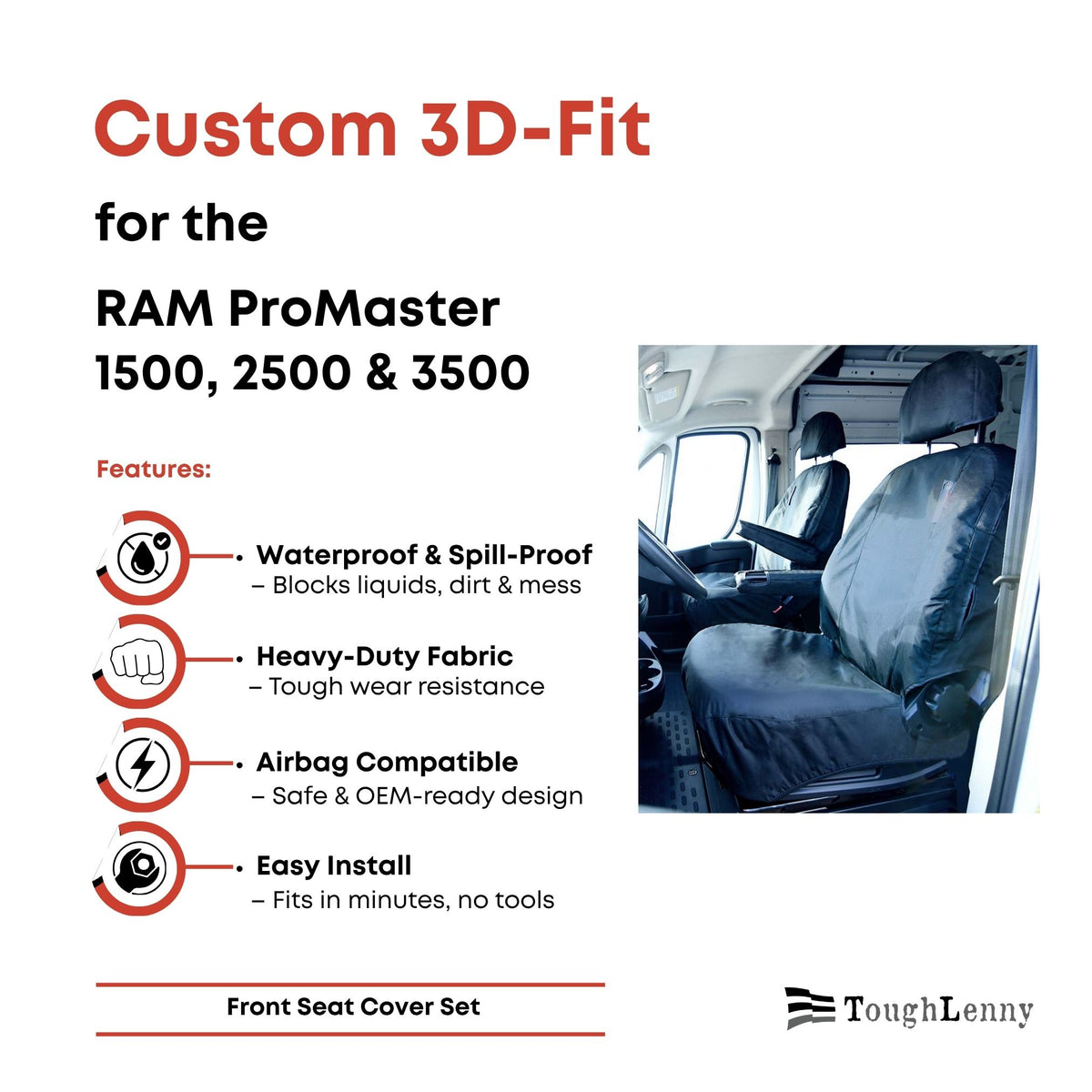 Custom-Fit Waterproof Front Seat Covers for RAM ProMaster 1500, 2500 & 3500