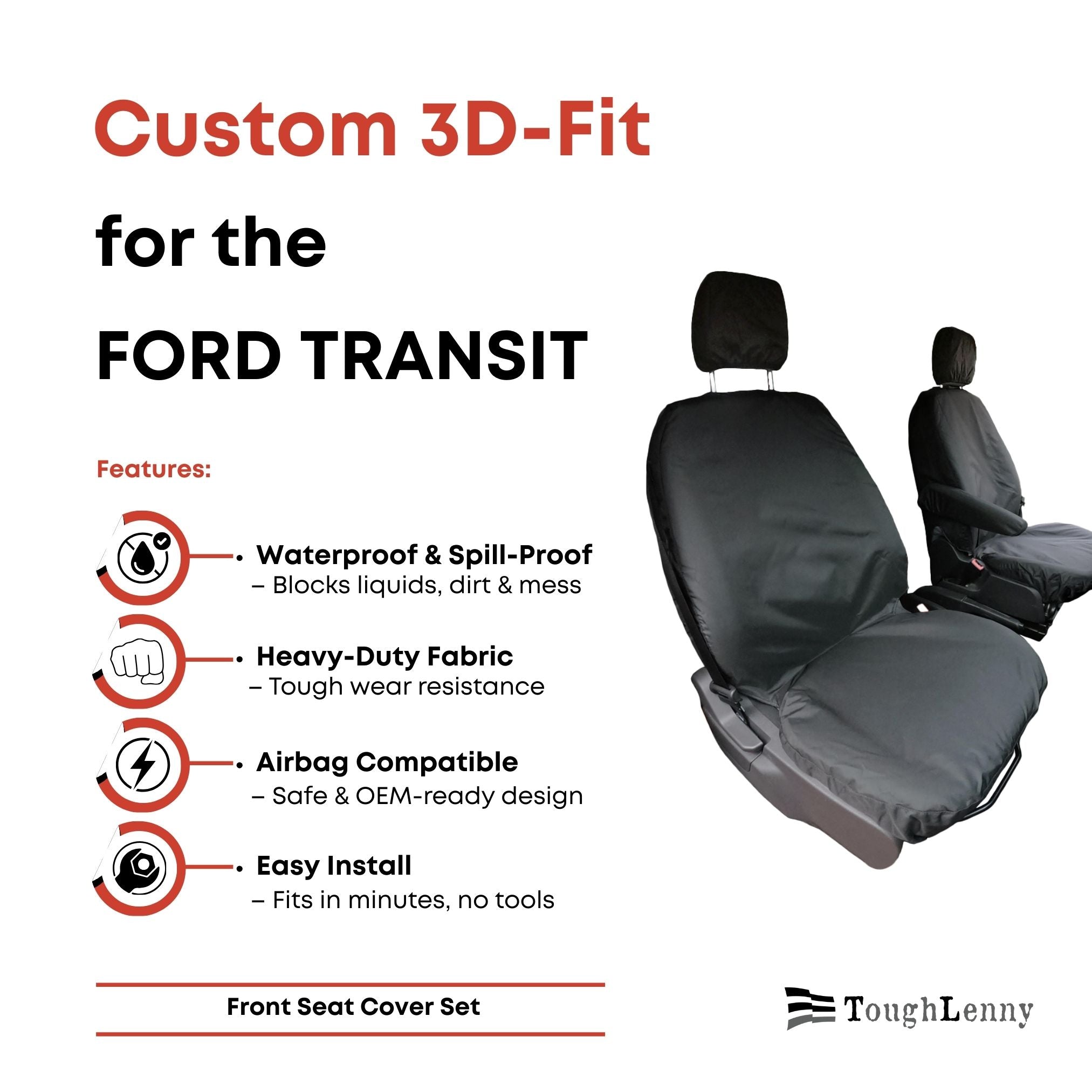 Juego de fundas de asiento delantero a medida para furgoneta Ford Transit 150, 250, 350 y 350HD (varias opciones)