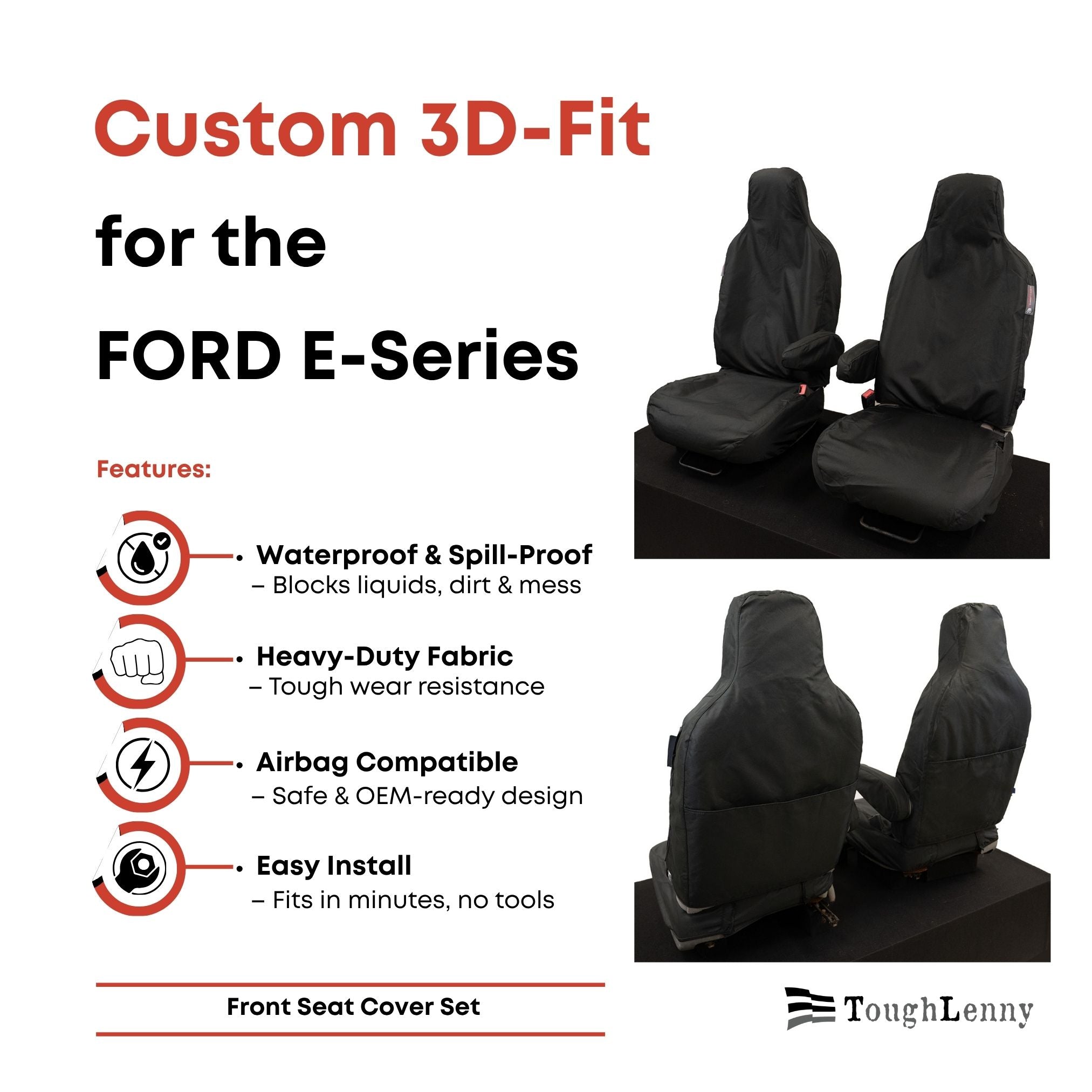 Juego de fundas de asiento delantero a medida para Ford Serie E (E-150, E-250, E-350, E-450) (varias opciones)