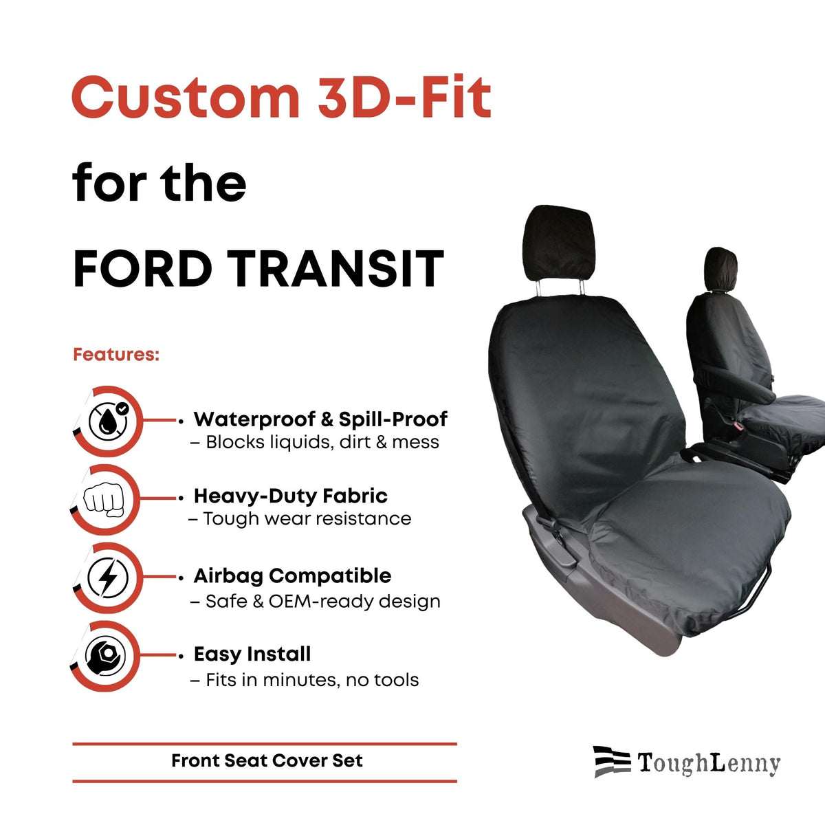 Juego de fundas de asiento delantero a medida para furgoneta Ford Transit 150, 250, 350 y 350HD (varias opciones)